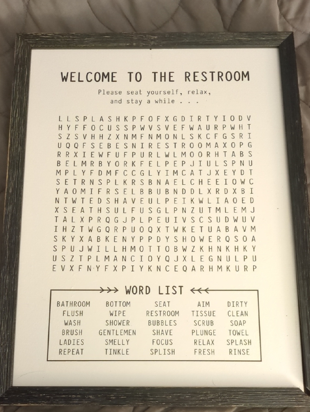 Hobby Lobby Black and White 'Welcome to the Restroom' Word Search Wall Art